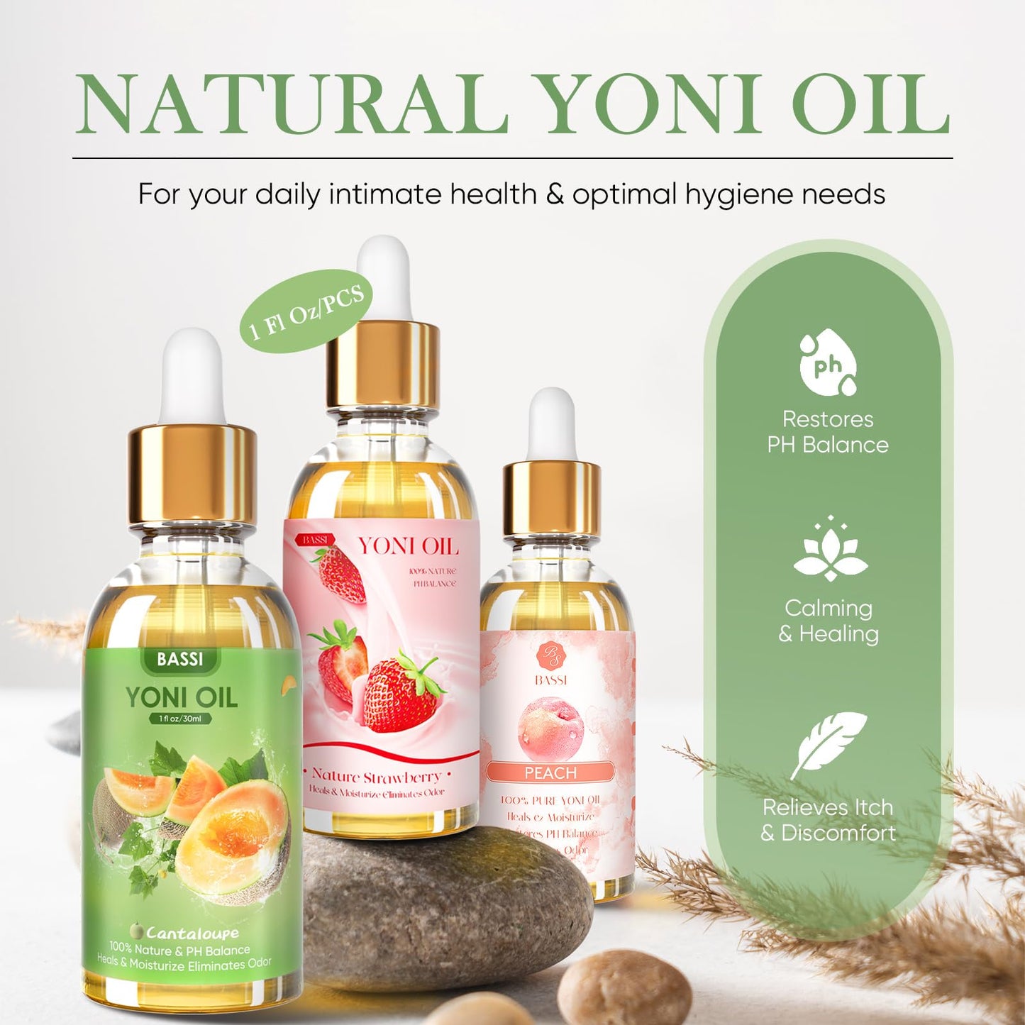 3 PCS Natural Yoni Oil for Women -Feminine Oil Vaginal Moisturizer - Reduces Odor, Restores pH Balance, Helps with Vaginal Itch, Herbal Yoni Blend with Strawberry Peach Hami Melon