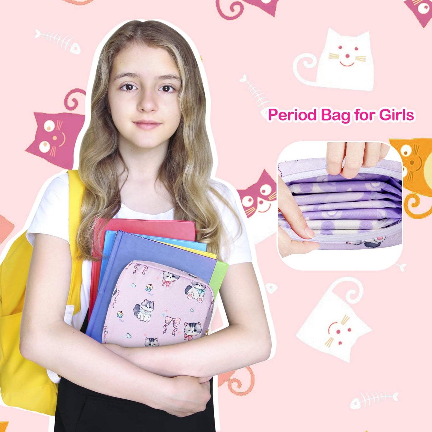 Tampon Holder for Purse, Canvas Period Bag Sanitary Napkin Storage Bag for Girls Womens, Portable Feminine Emergency Pad Period Pouch(Daisy Black Cat)