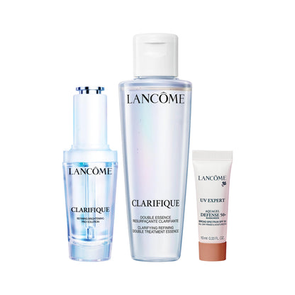 Clarifique Brightening Routine Discovery Set - Mini Clarifique Double Treatment Essence 1.7 Fl Oz, Full-Size Clarifique Pro-Solution Serum 1.0 Fl Oz, Mini UV Expert Defense SPF 50+ 0.33 Fl Oz