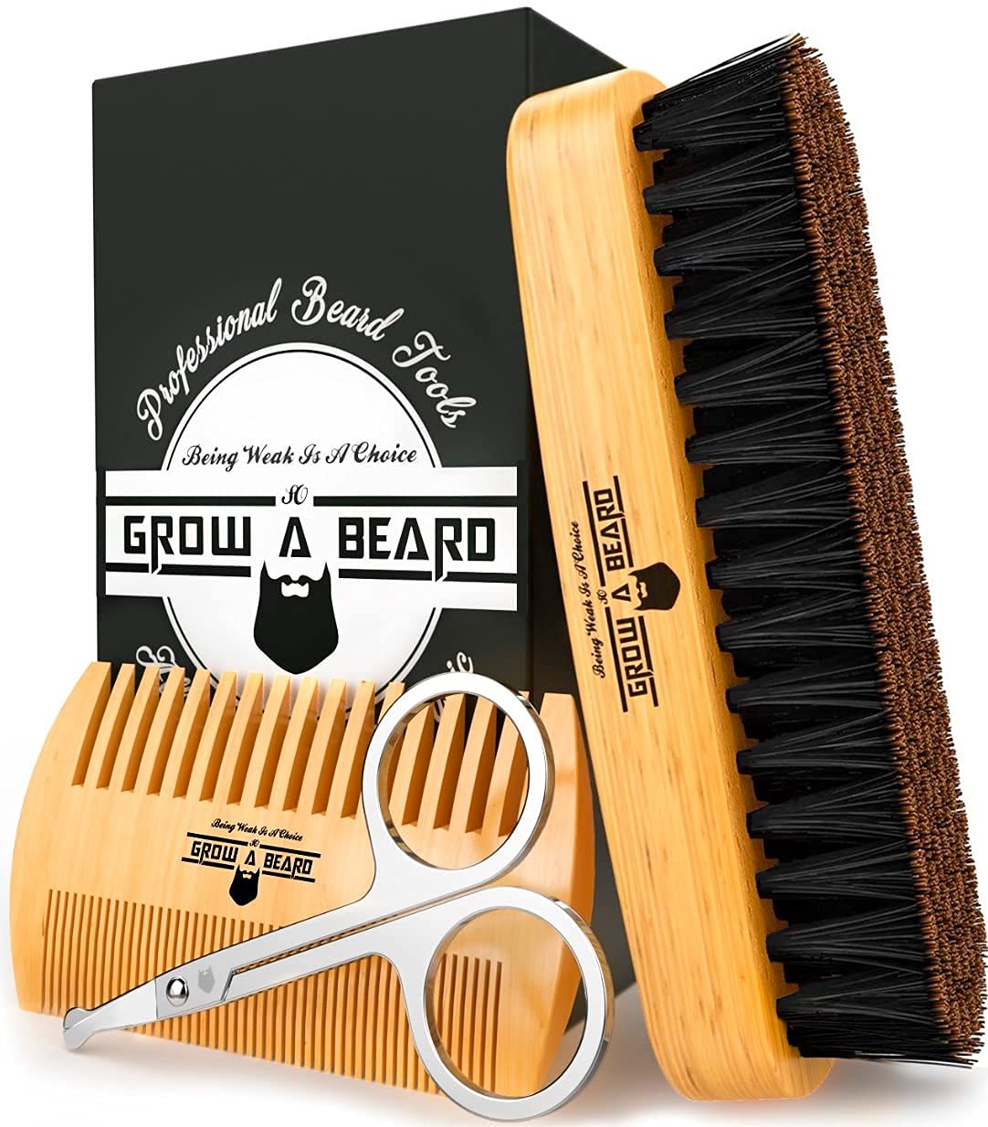 Beard Brush for Men with Beard & Mustache Comb Set, Beard Grooming & Care Kit, Natural Boar Bristle Brush, Dual Action Wood Comb, Grooming Scissors, and Travel Bag, Great Fathers Day, Dad & Men Gifts
