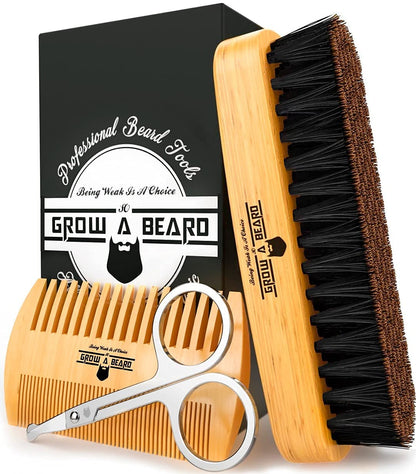 Beard Brush for Men with Beard & Mustache Comb Set, Beard Grooming & Care Kit, Natural Boar Bristle Brush, Dual Action Wood Comb, Grooming Scissors, and Travel Bag, Great Fathers Day, Dad & Men Gifts