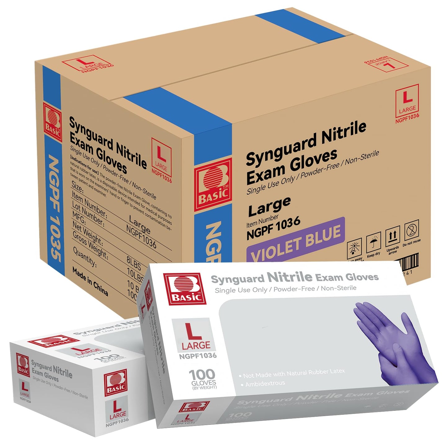 Basic Nitrile Exam Gloves, Medical Violet Blue Gloves Disposable Latex Free Powder-Free For Exam, Food Prep Cleaning, Large Case Of 1000, L, NGPF1036
