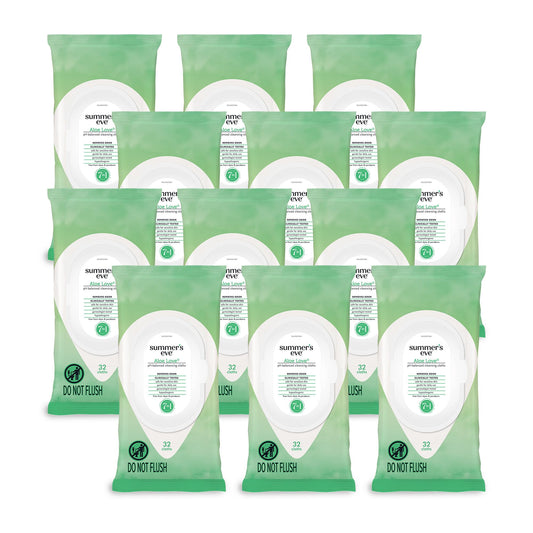 Summer's Eve Feminine Wipes, Aloe Love, Vaginal Wipes with Gentle pH-Balanced Micellar Water Formula, Feminine Care to Help Remove Vaginal Odor, Gynecologist Tested, 32 Wipes, 12 Pack