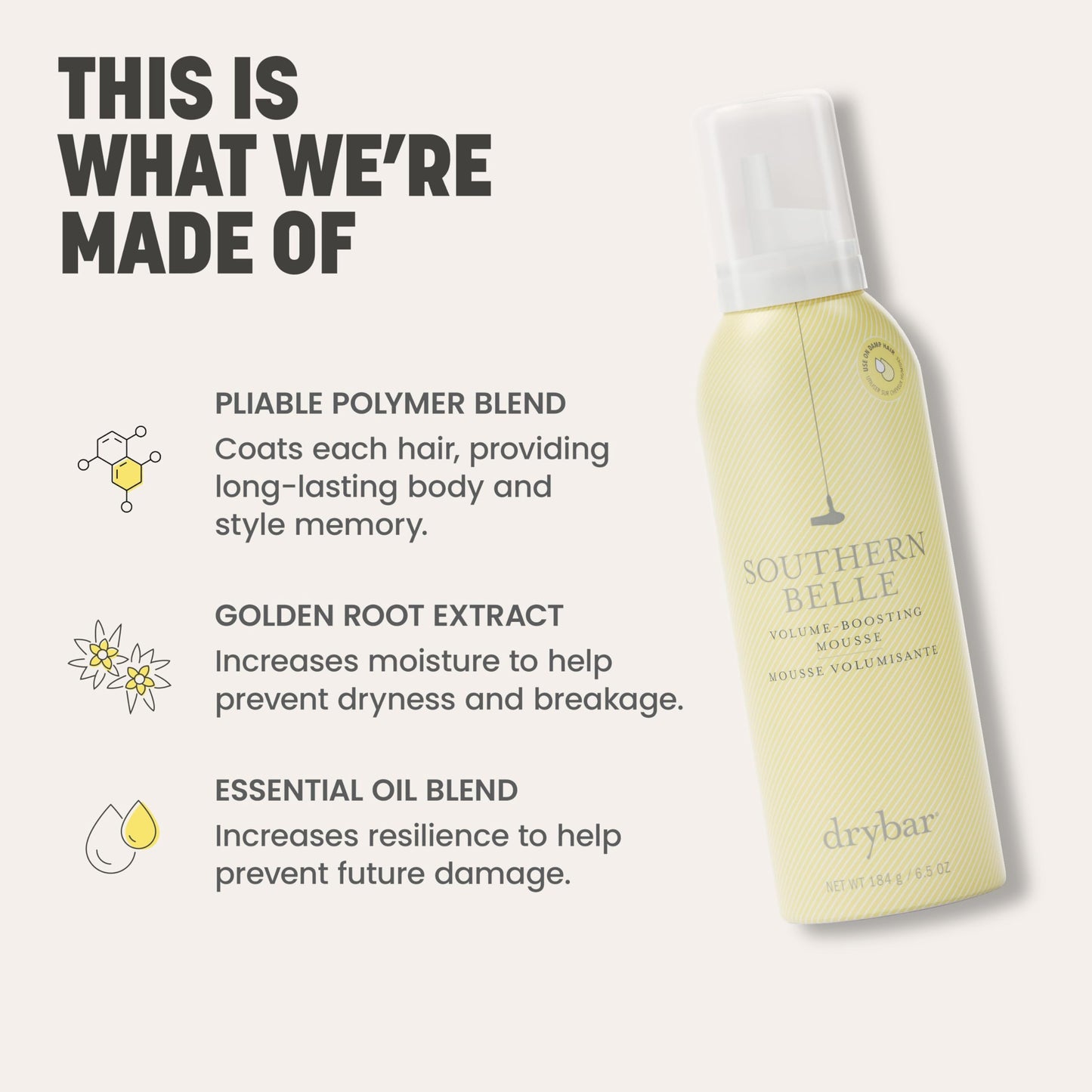 Drybar Southern Belle Volume - Boosting Mousse | Prevents Frizz & Damage, Smoothes Hair, and Provides Shine for Long-Lasting Body & Style