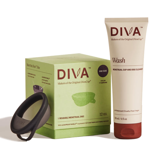 DIVA Disc & DIVA Wash Combo Pack - Comfortable, Reusable Menstrual Disc with Leakproof Shield - Period Disc for Up to 12 Hours of Continuous Wear - Wash for Period Disc - Disc Size Fits Most