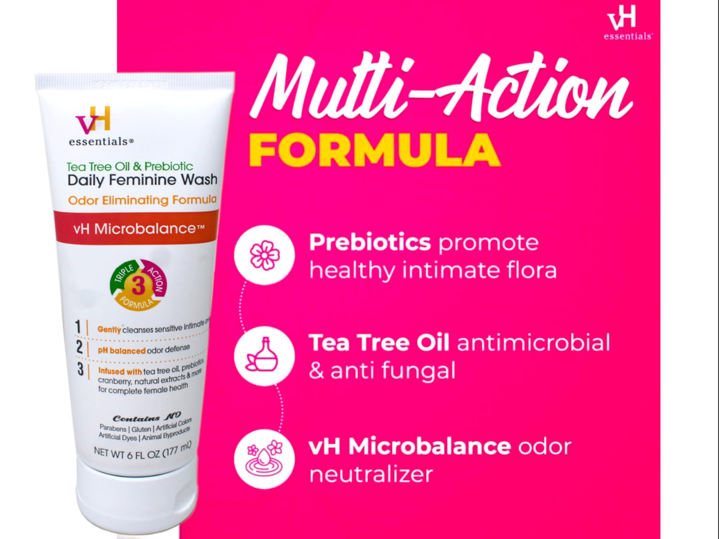 vH essentials Intimate Feminine Wash, pH Balanced with Tea Tree Oil, Cranberry, Prebiotics Odor Eliminating Formula, 6 FL OZ - 3 Pack