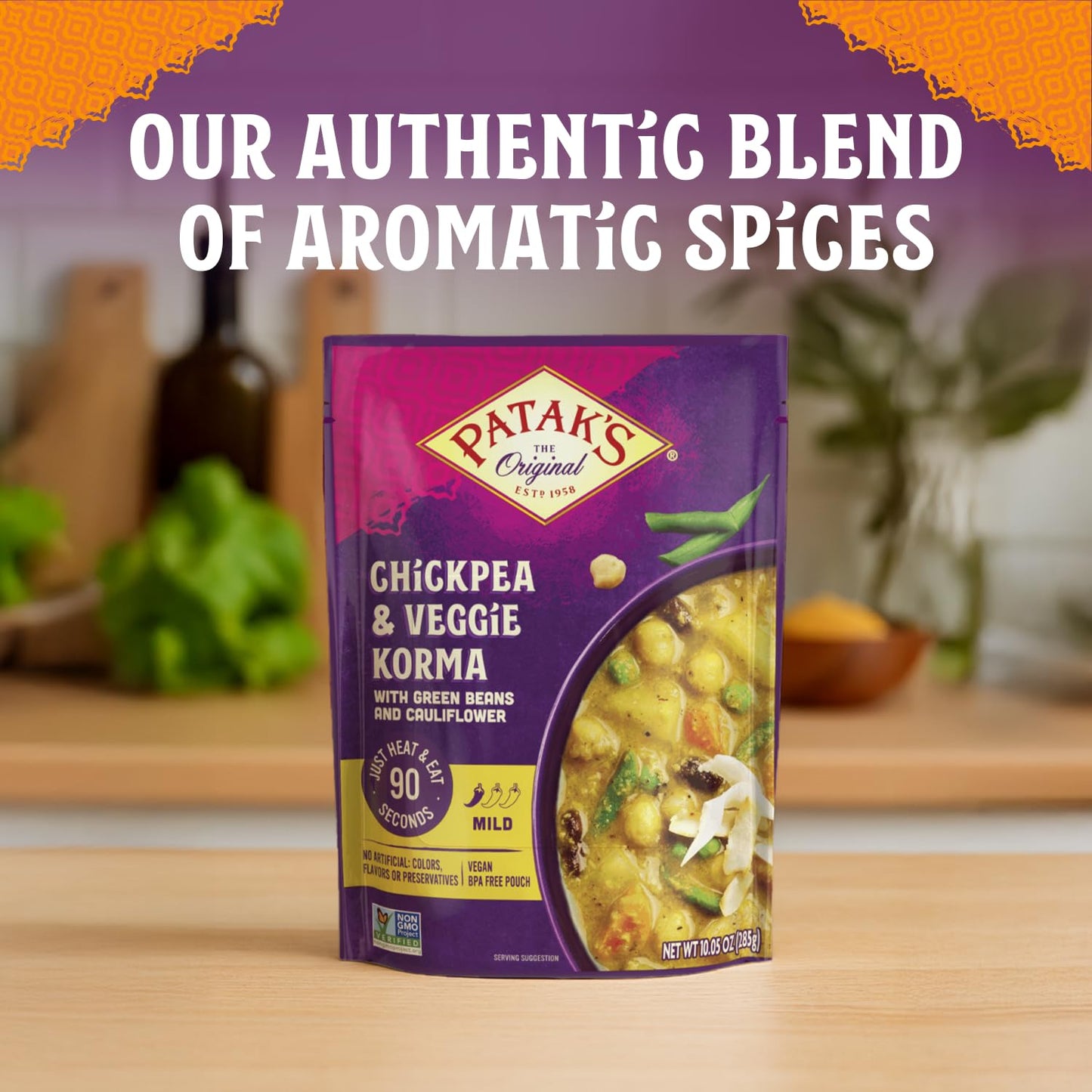 Patak’s Chickpea & Veggie Korma - Mild Creamy Coconut Based Indian Curry with Chickpeas, Green Beans & Veggies - Vegan Microwave Meal for Quick Dinners - Serve with Rice or Naan - 10.5oz (Pack of 3)