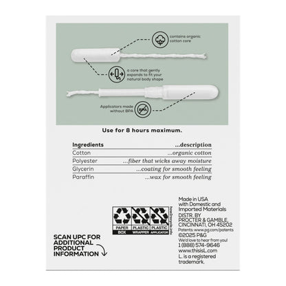 L. Tampons, Made with Organic Cotton, Regular/Super Absorbency, Multipack, Made Without Synthetic Pesticides, Rayon or Fragrances, Applicator Made Without BPA, Leak-Stopping Design, 18 Count