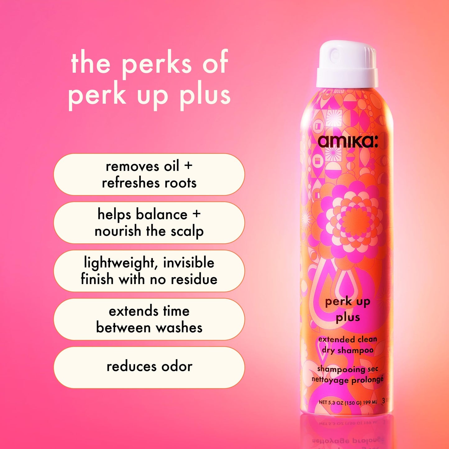 amika perk up plus extended clean dry shampoo | lightweight + buildable, extend time even further between wash days, invisible finish + no white residue, for all hair types