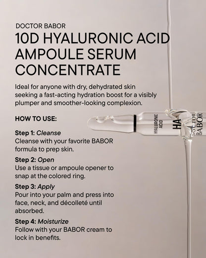DOCTOR BABOR 10D Hyaluronic Acid Ampoule Serum Concentrate, 7-day Moisture Treatment, Plumper Fresher Complexion with Intensive Moisture, Minimize Wrinkles, Radiantly Glowing Skin