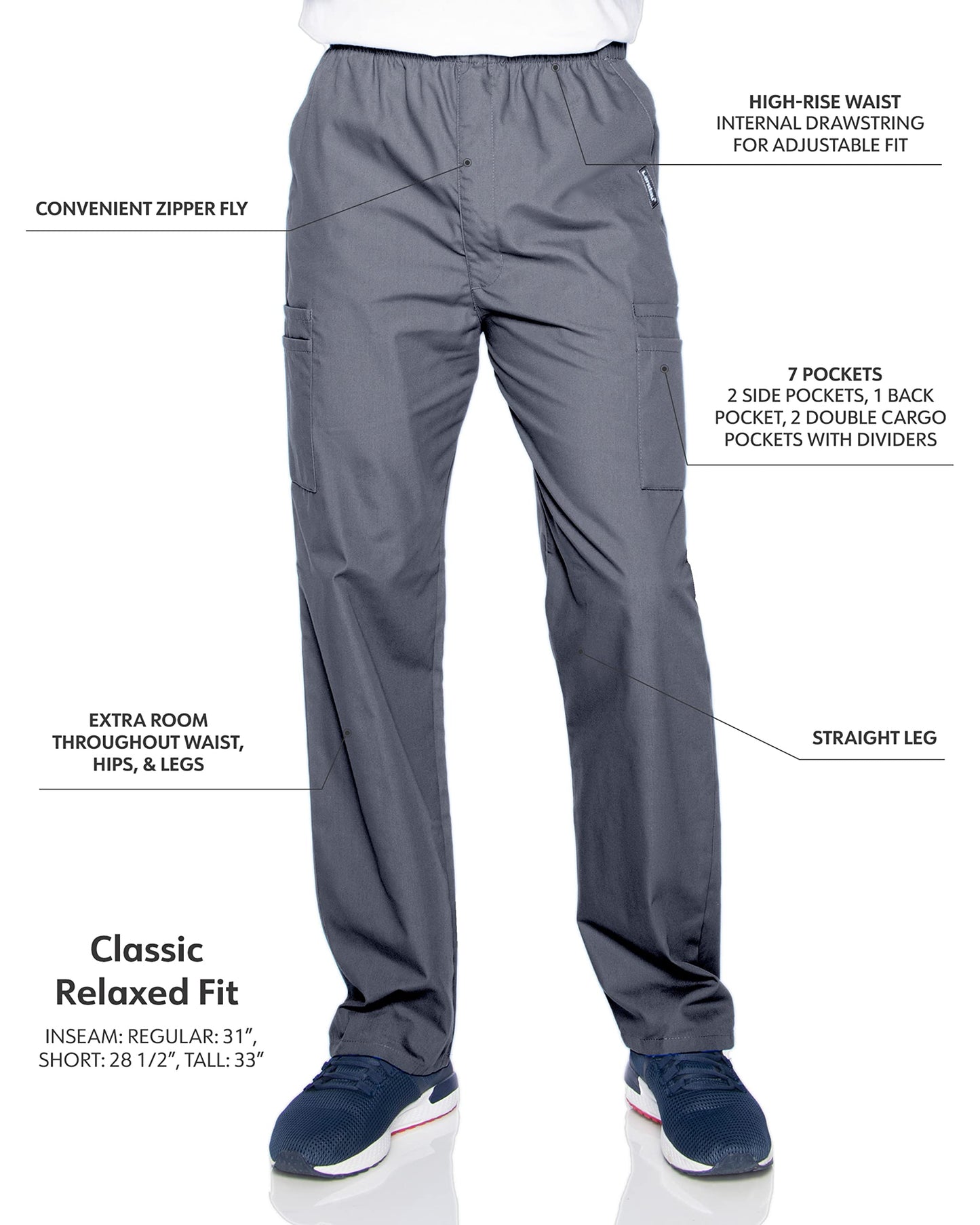 Landau Essentials Relaxed Fit 7-Pocket Elastic Cargo Scrub Pants for Men 8555 Steel Grey