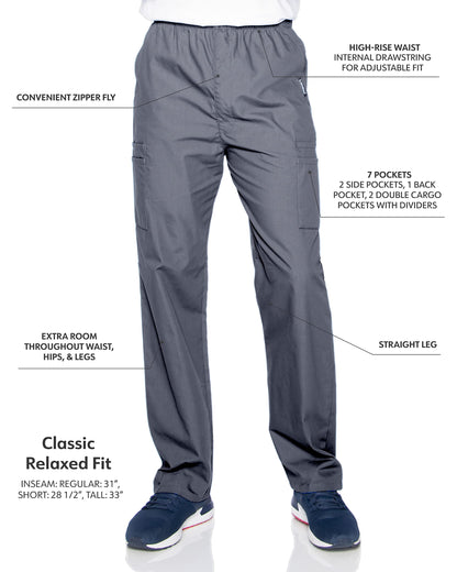 Landau Essentials Relaxed Fit 7-Pocket Elastic Cargo Scrub Pants for Men 8555 Steel Grey