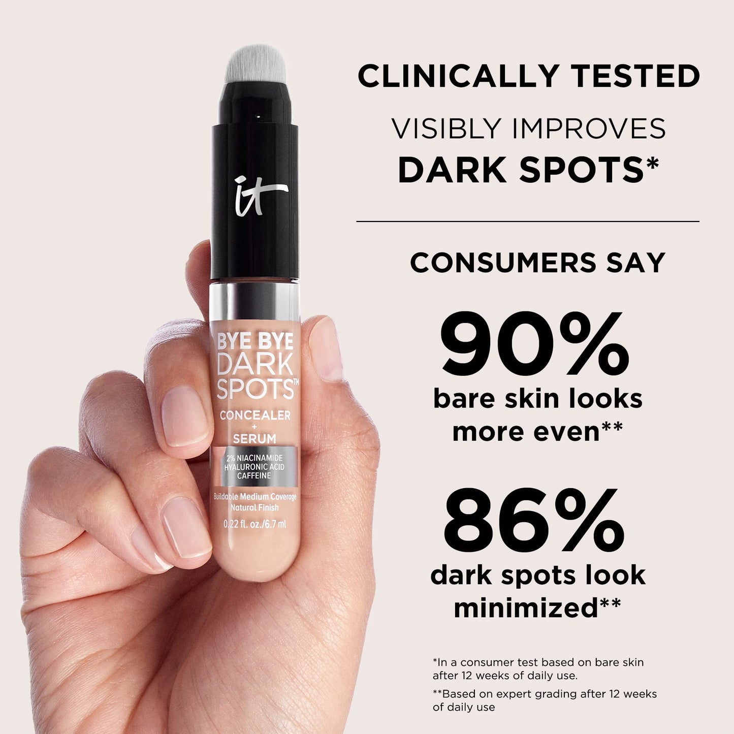 IT Cosmetics Bye Bye Dark Spots Concealer + Brightening Serum – 2% Niacinamide, Hyaluronic Acid & Caffeine - Medium Coverage, Natural Finish, All Skin Types - 0.22 fl oz