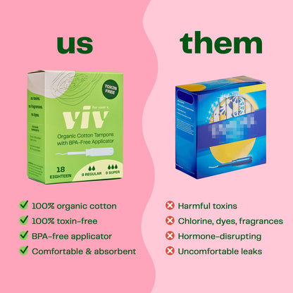 Viv for Your V Organic Cotton Tampons Regular, BPA-Free Applicator, Non-Toxic Tampons, Fragrance Free, HSA FSA Approved, 18 Count