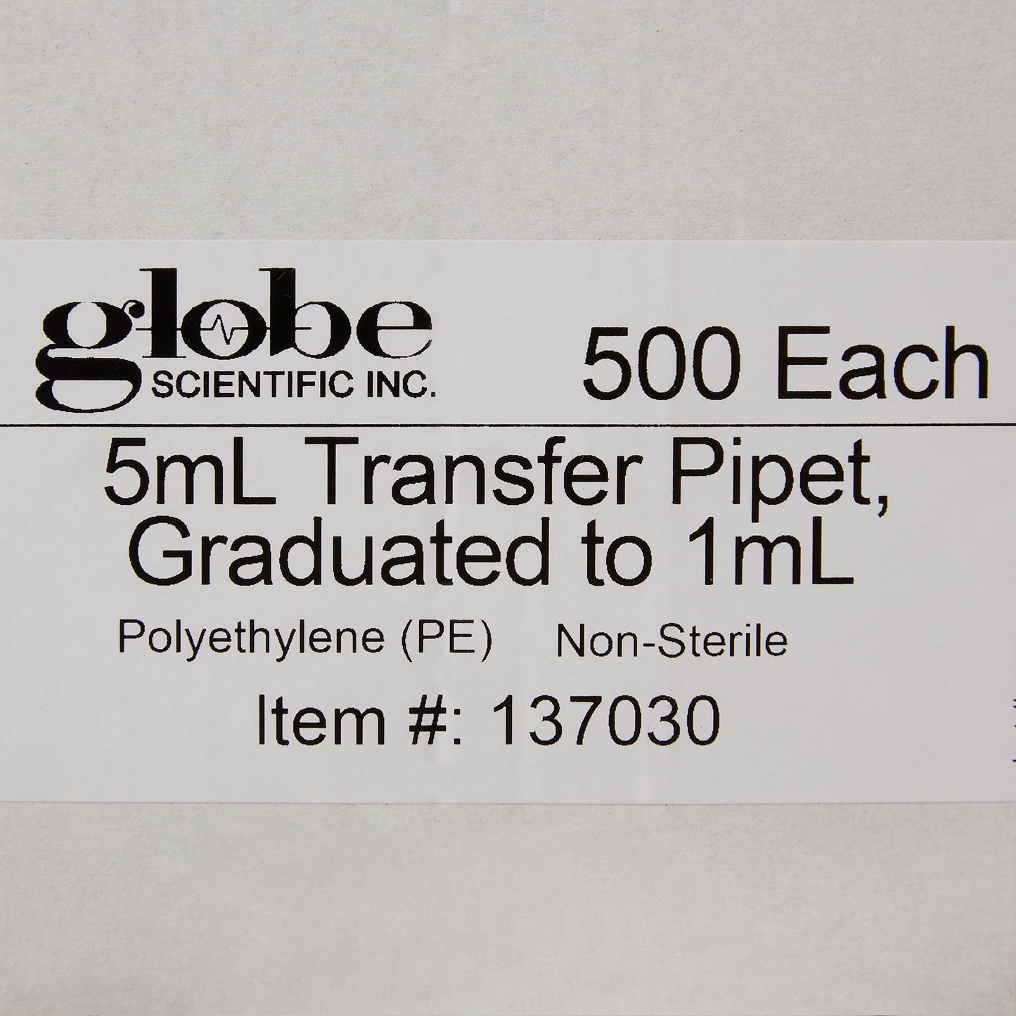 Globe Scientific LDPE Transfer Pipette 5 mL 0.25 mL Graduation Increments 3.4 mL Draw Volume 5000 pcs