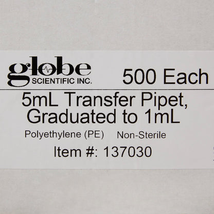 Globe Scientific LDPE Transfer Pipette 5 mL 0.25 mL Graduation Increments 3.4 mL Draw Volume 5000 pcs