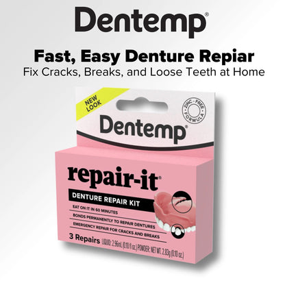 Dentemp Repair Kit - Repair-It Advanced Formula Denture Repair Kit - Repairs Broken Dentures, Mends Cracks and Replace Loose Teeth