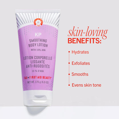 First Aid Beauty - KP Smoothing Body Lotion with 10% AHA, Chemically Exfoliates & Moisturizes with Urea, Colloidal Oatmeal & Ceramides, Deep Hydration + Helps Reduce Keratosis Pilaris Bumps, 6 oz