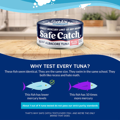 Safe Catch Canned Lowest Mercury Limit Albacore Tuna Fish No Salt Added, Wild Caught, Gluten-Free, Kosher, Keto, 5oz Can, 6-Pack