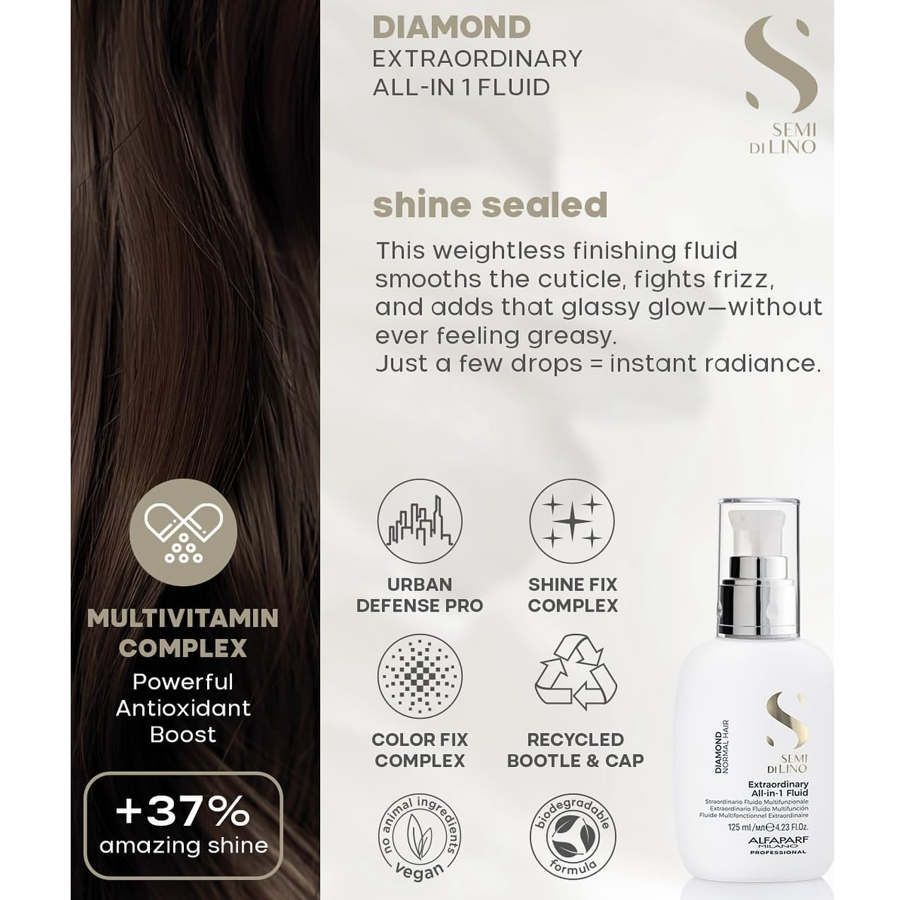 ALFAPARF MILANO Semi di Lino Diamond Extraordinary All-in-1 Leave-In Fluid with Thermal Protection - Detangles, Protects, Softens, Smooths, Controls, Seals Cuticles - Vegan Formula - 4.23 fl. oz.