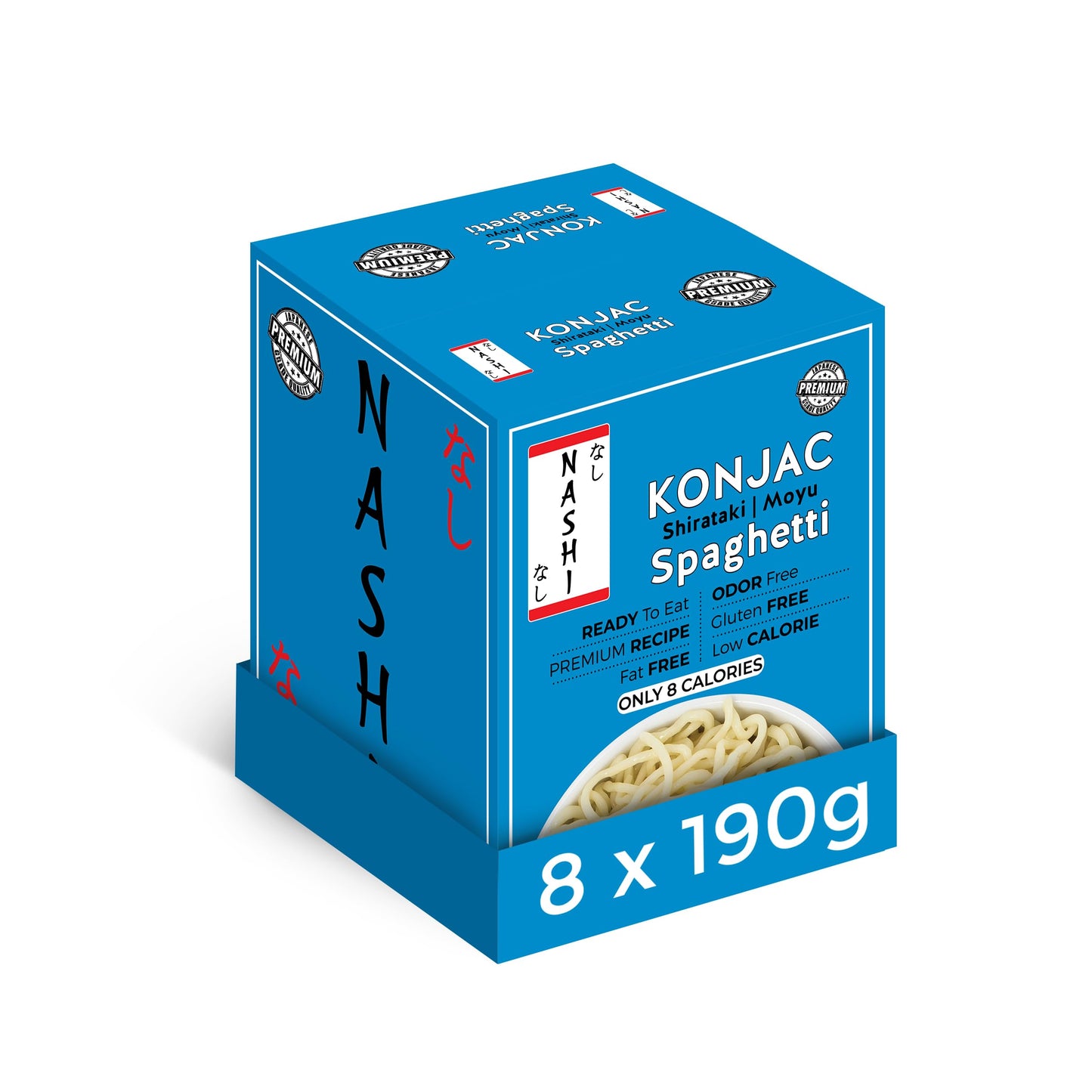 Nashi Shirataki Konjac Spaghetti (8x190g) – Glucomannan Premium Recipe, Keto-Friendly | Low-Calorie, Zero-Carb, Vegan & Gluten-Free, Odour-Free, High Fiber | Ready-to-Eat Food