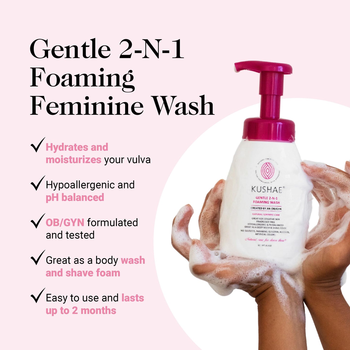 Kushae Feminine Hygiene Care Bundle - 2-in-1 Gentle Foaming Wash to Balance pH & Maintain Freshness - Feminine Deodorant Stick for Odor Protection - OB/GYN Made, All-Natural, Made in USA