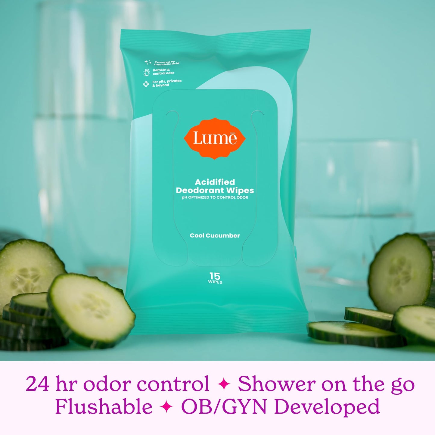 Lume Acidified Body Wash (Unscented) and Acidified Deodorant Wipes (Cool Cucumber) - 24 Hour Odor Control - Removes Odor Better than Soap - Moisturizing Formula - Aluminum Free, Baking Soda Free