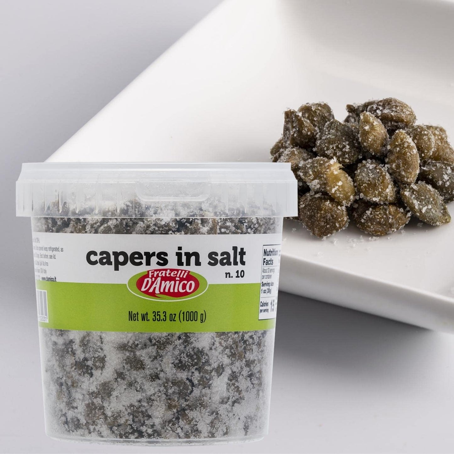 FRATELLI D'AMICO Capers in Salt, Size #10, Italian Salted Capers, Caperi, NON-GMO, Product of Italy, Net wt. 35.3oz (1000g)