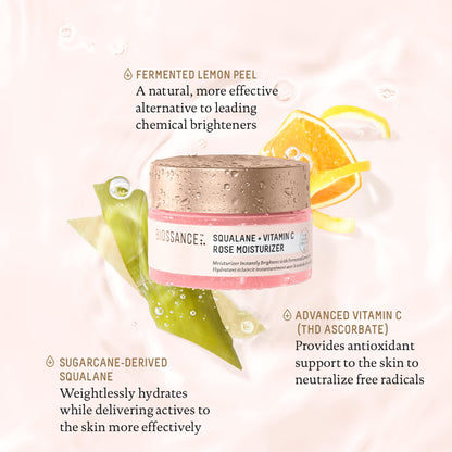 Biossance Squalane + Vitamin C Rose Face Moisturizer – Antioxidant-Rich Day/Night Face Lotion – Hydrates and Smooths Fine Lines – Even Skin Tone & Reduce Discoloration – For Radiant Skin, 1.69 Fl Oz