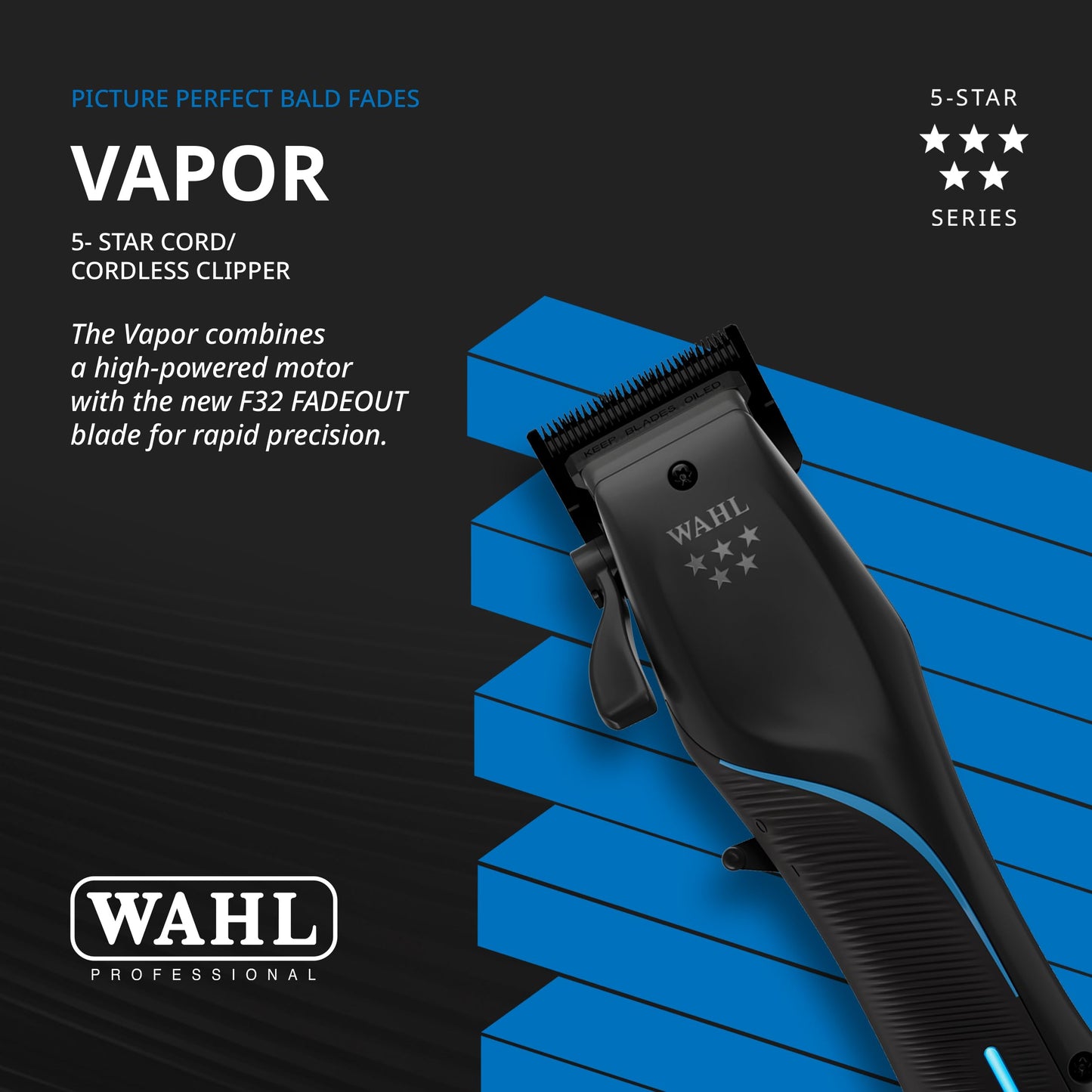 Wahl Professional 5-Star Vapor Clipper with F32 Fadeout Adjustable Balding Blade, Adaptable Speed Control, Cord/Cordless