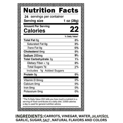 Pickled Carrots, Hot and Spicy, Mexican Style, 32 FL OZ, All Natural, Low Calorie, Gluten Free, Fat Free, No Preservatives, Low Sugar, Premium Pickled Carrots, Jalapeños, and Cascabella Chili Peppers Blend, Premier Product, Hand Sliced, Family Recipe...