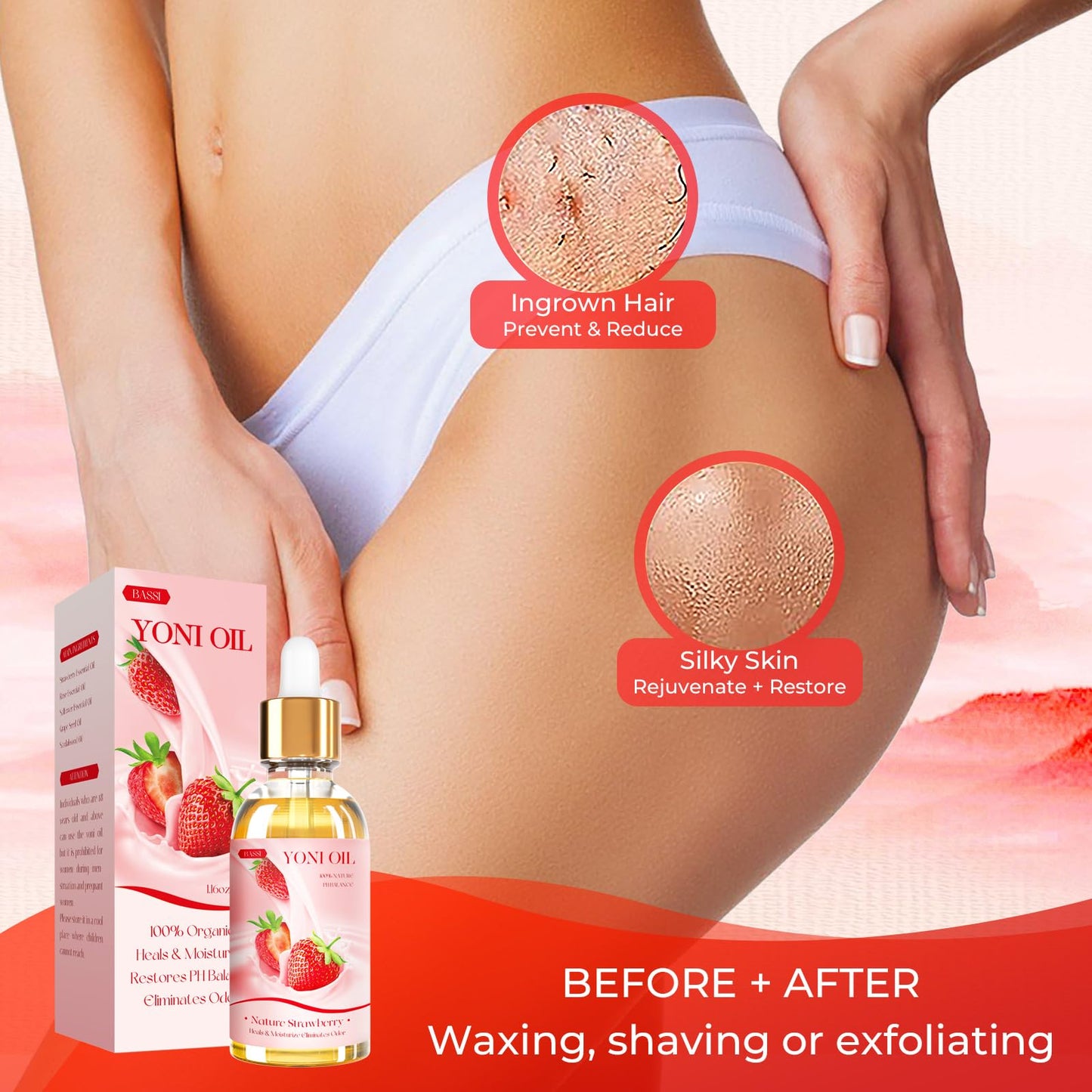 BASSI 3PCS Yoni Oil Organic Feminine Oil Vaginal Moisturizer - Ph Balance for Women - Eliminates Odor Feminine Deodorant - Soothes Ingrown Hair with Strawberry Peach Apple Essential Oil, 1 fl oz/pc