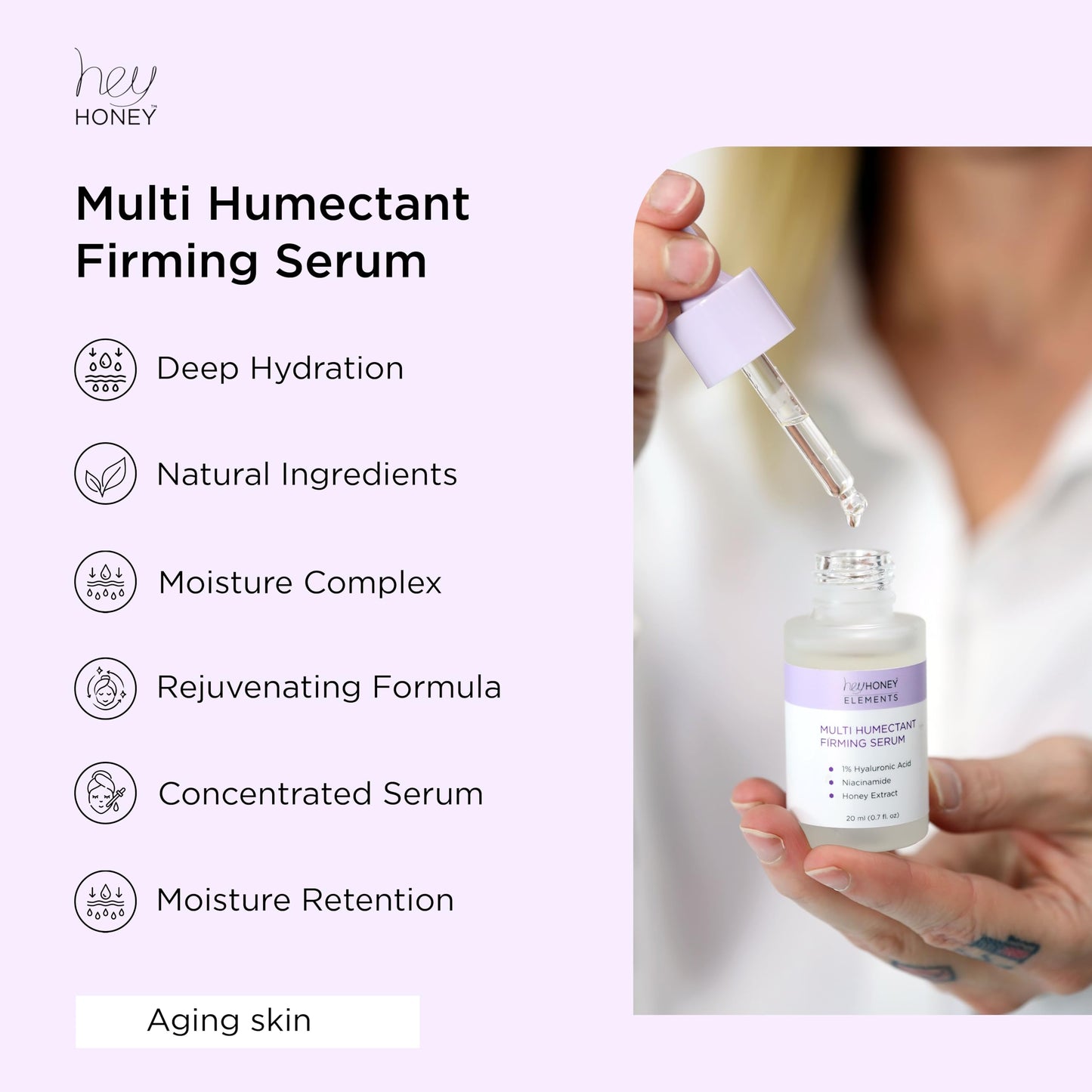 Hey Honey Multi Humectant Firming Serum: 1% Hyaluronic Acid Urea Lactic Acid & Honey Complex for Deep Hydration, Plumping & Skin Barrier Support | 20 mL / 0.68 fl oz