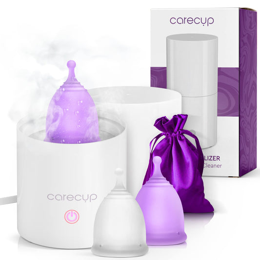 Menstrual Cup Sterilizer - Modern Menstrual Cup Cleaner Unscented Sanitizer - 2-Minute Automatic Steam Wash - Holder Fits Small Soft & Large Period Disc - 99.9% of Germs (Steamer + Cups)