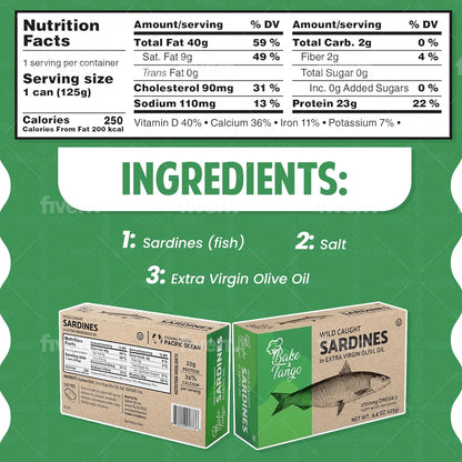 Bake and Tango - Sardines in Extra Virgin Olive Oil - 4.4oz (Pack of 12) | Rich in Omega-3, High-Protein, Wild-Caught, Non-GMO, Gluten-Free, Perfect for Snacks, Salads, and Recipes (4.4oz, Extra Virgin Olive Oil)