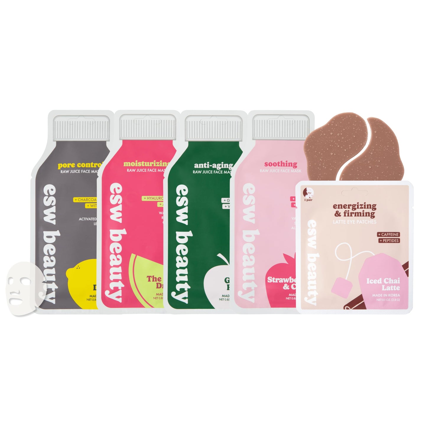 ESW Beauty Most Loved K Beauty Skincare Set - Hydrating Face Masks & Under Eye Patches - Iced Chai Latte Eye Patches - Strawberries & Cream, Deep Detox, The Pink Dream, & Green Reset Face Masks