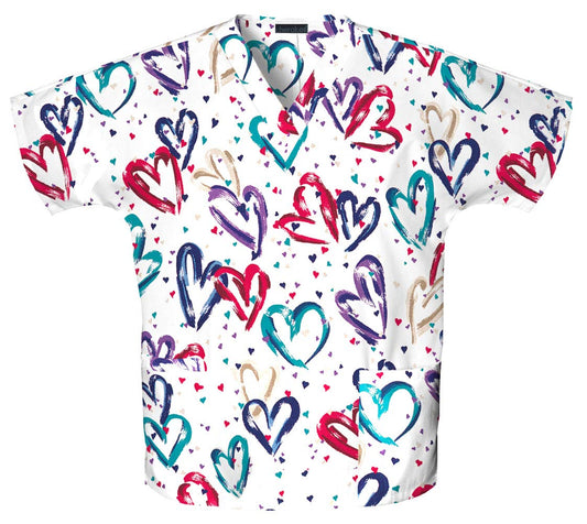 Cherokee Prints Women Scrubs Top V-Neck Tunic 759, L, Heartbeat
