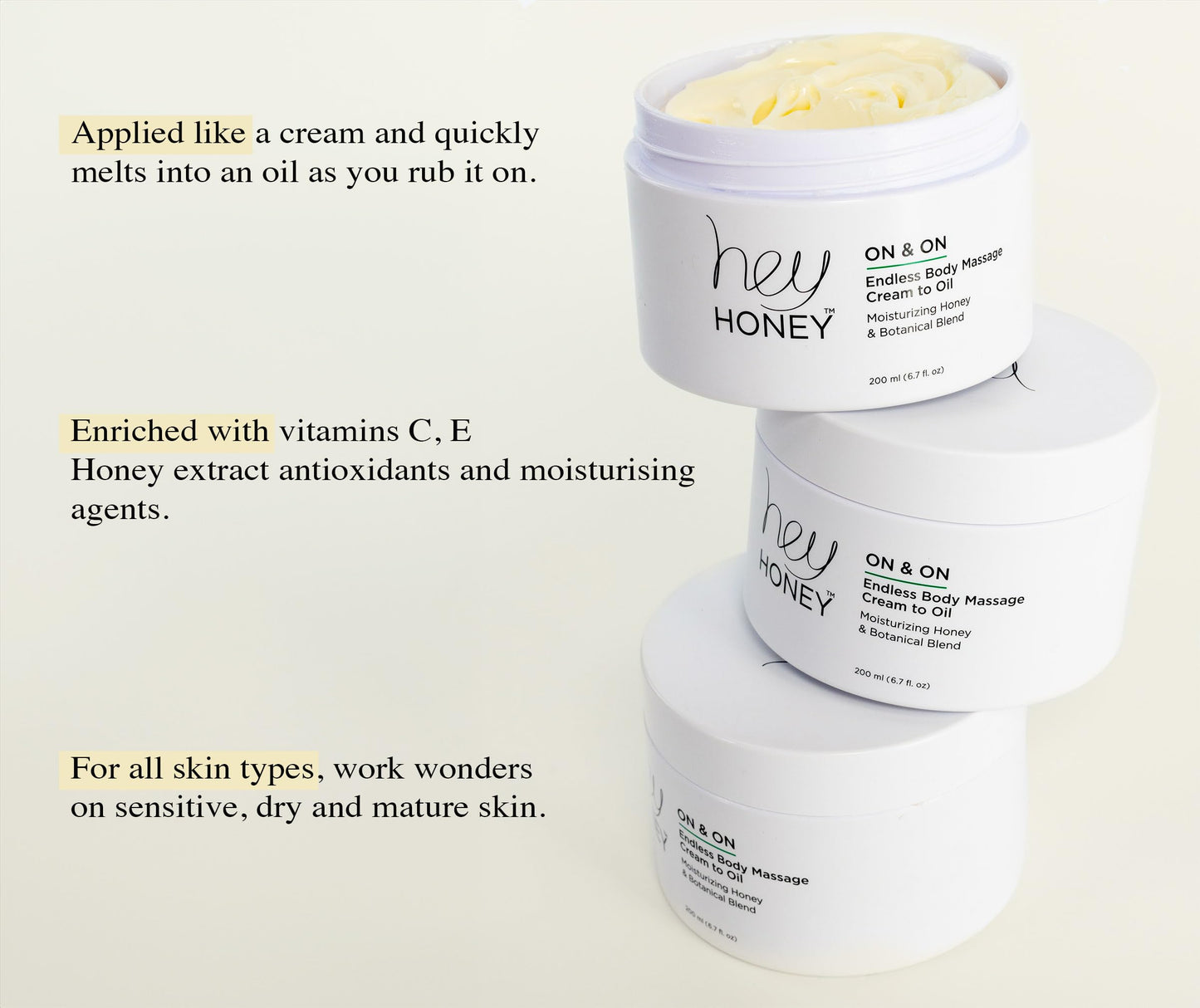 Hey Honey On and On Unique Cream to Oil Formula | Complete Body Moisturizer | Vitamin E, Vitamin C | Non-Greasy 48 Hours Active Hydration | Moisturizing Honey Extracts & Botanicals | 6.7 oz.