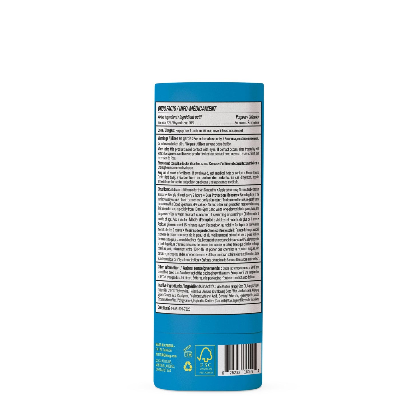 ATTITUDE Mineral Face Sunscreen Stick for Kids, SPF 30, EWG Verified, Plastic-Free, Broad Spectrum UVA/UVB Protection with Zinc Oxide, Dermatologically Tested, Vegan, Unscented, 0.7 Ounce