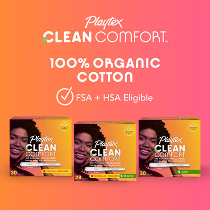 Playtex Clean Comfort Organic Cotton Tampons, Super Absorbency, Fragrance-Free, Organic Cotton - 30ct