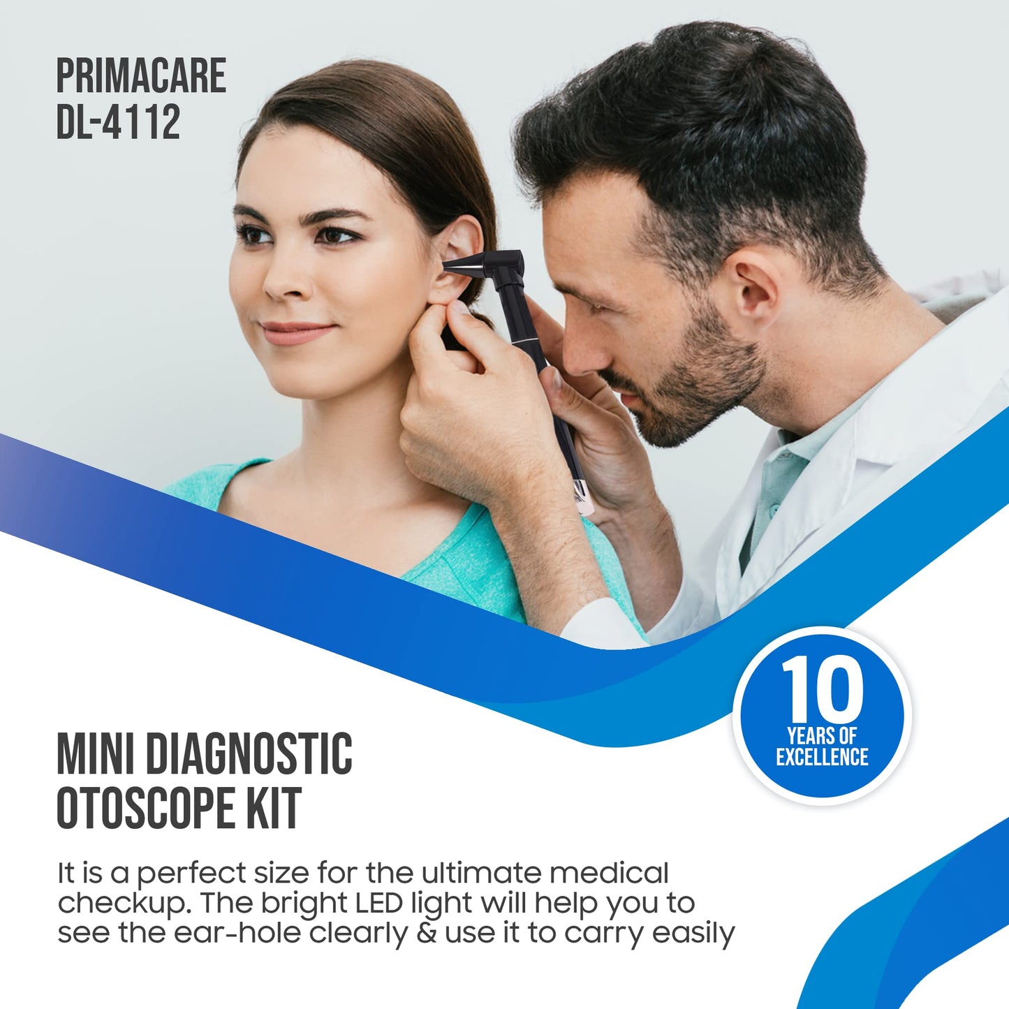 PrimaCare DL-4112 Mini Diagnostic Otoscope Kit with High Resolution LED Ear Light, Medical LED Pocket Clip Otoscope for Nurse, Student, Doctors EMT, 3 Sized Speculas