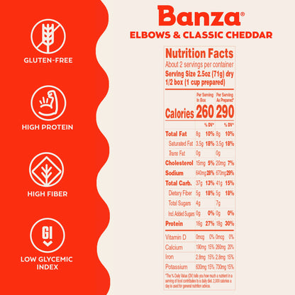 Banza Elbows & Classic Cheddar Mac and Cheese - High Protein, Gluten Free, and Lower Carb Protein Mac and Cheese - 5.5oz