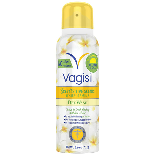 Vagisil Scentsitive Scents Feminine Dry Wash Deodorant Spray for Women, Gynecologist Tested, Paraben Free, White Jasmine, 2.6 Ounce (Pack of 1)