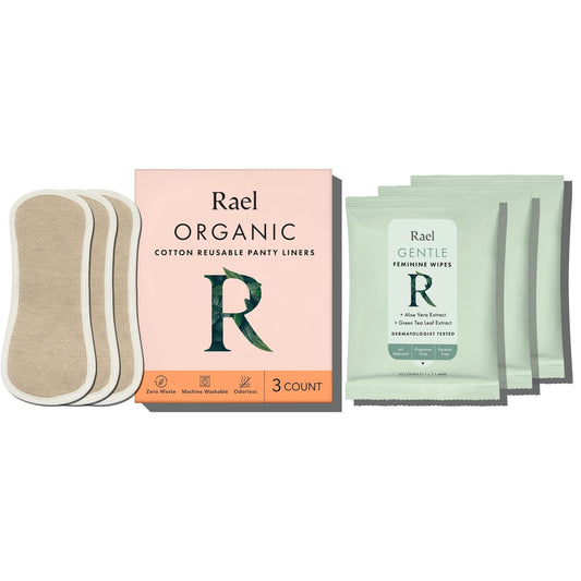 Rael Bundle - Reusable Panty Liners (Brown, 3 Count) & Flushable pH Balanced Feminine Wipes (20 Count)