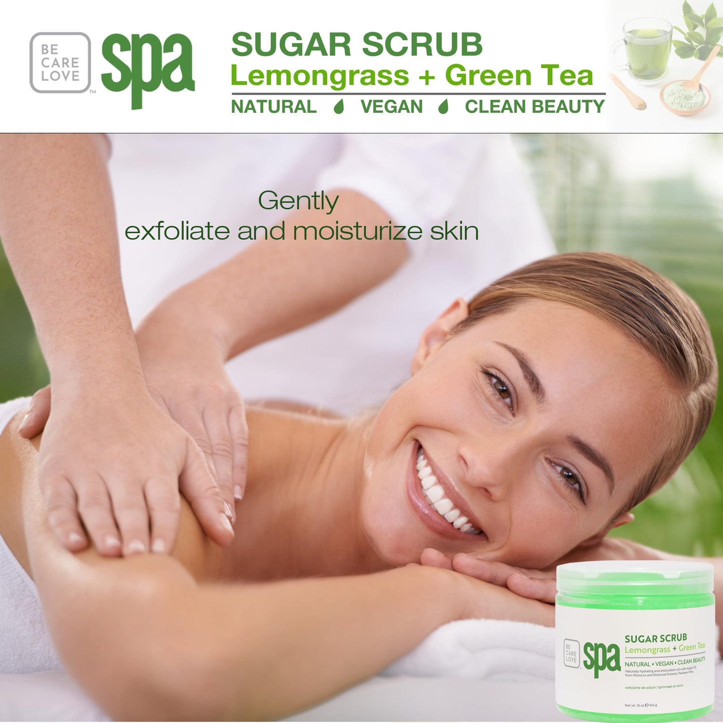 Be Care Love Spa Sugar Scrub Lemongrass + Green Tea to moisturize, detoxify and purify skin for acne-prone, oily, or damaged skin.16 oz