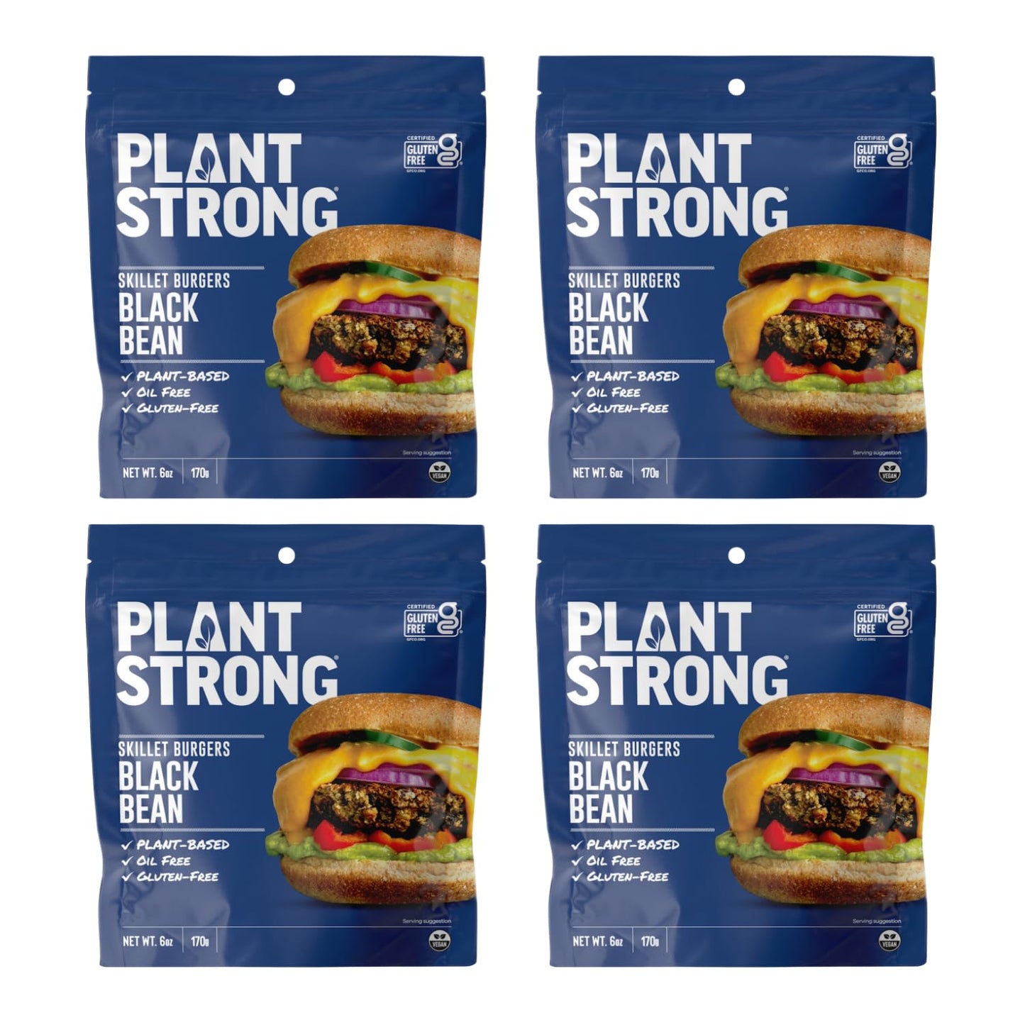 PLANTSTRONG Black Bean Skillet Burger Mix, Plant-Based Patty Mix with Oats, Seeds & Spices, Gluten Free, Oil-Free, Just Add Water, Pan Fry/Bake/Air Fry, 4-Pack (6 oz Bags)
