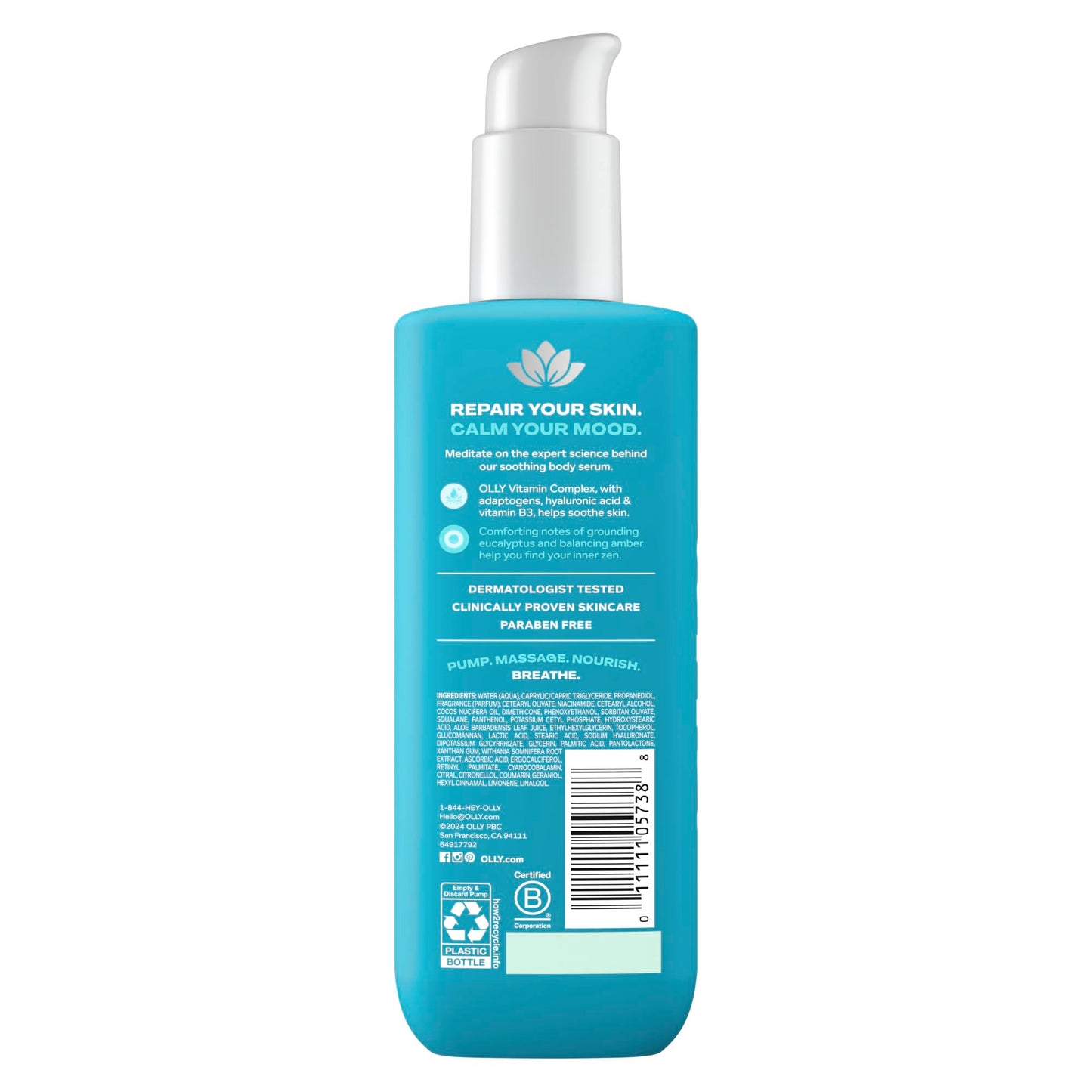 OLLY Calm Body Lotion-Serum with Hyaluronic Acid, Adaptogens & Vitamin B3– Nourishing Cleanser for Skin Barrier Repair, Deep Hydration, Eucalyptus Amber Scent, 8oz