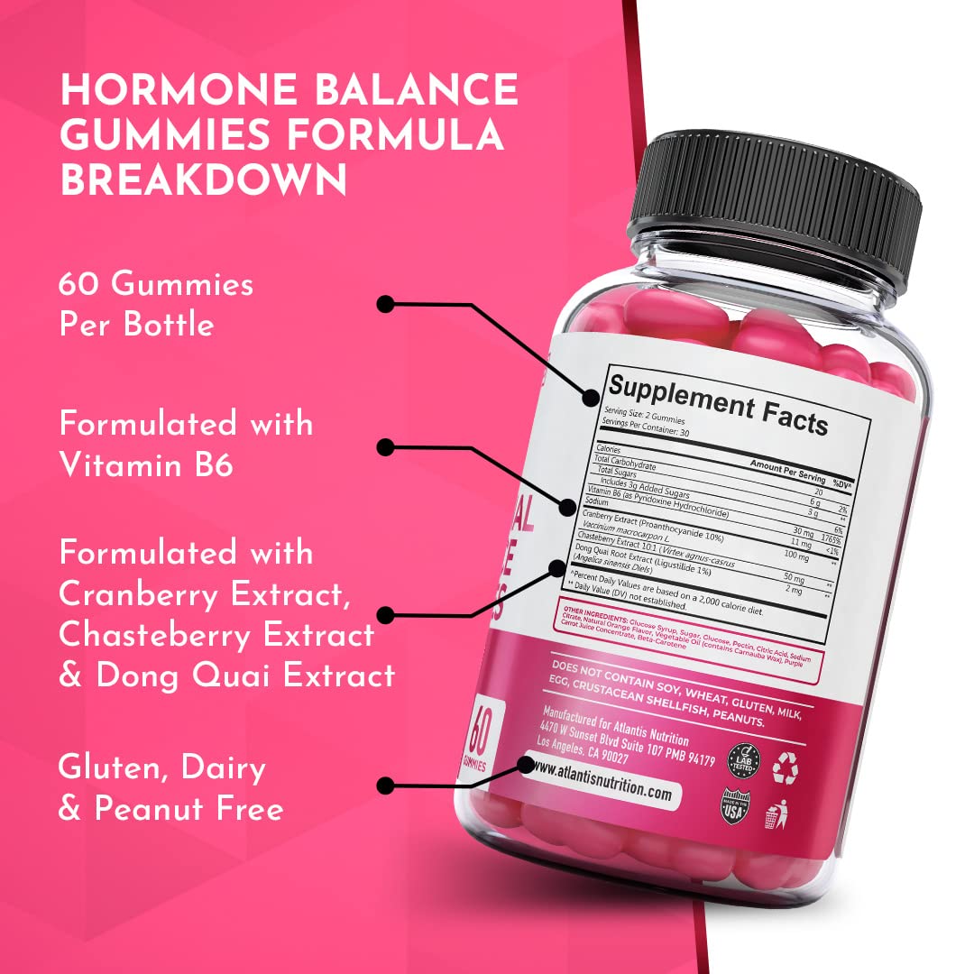 Atlantis Nutrition Hormonal Balance for Women & PMS Relief Gummies - Alleviates Cramps, Bloating, Mood Swings, Hot Flashes & Night Sweats - Cranberry, Dong Quai & Chasteberry Menstrual Cramp Relief