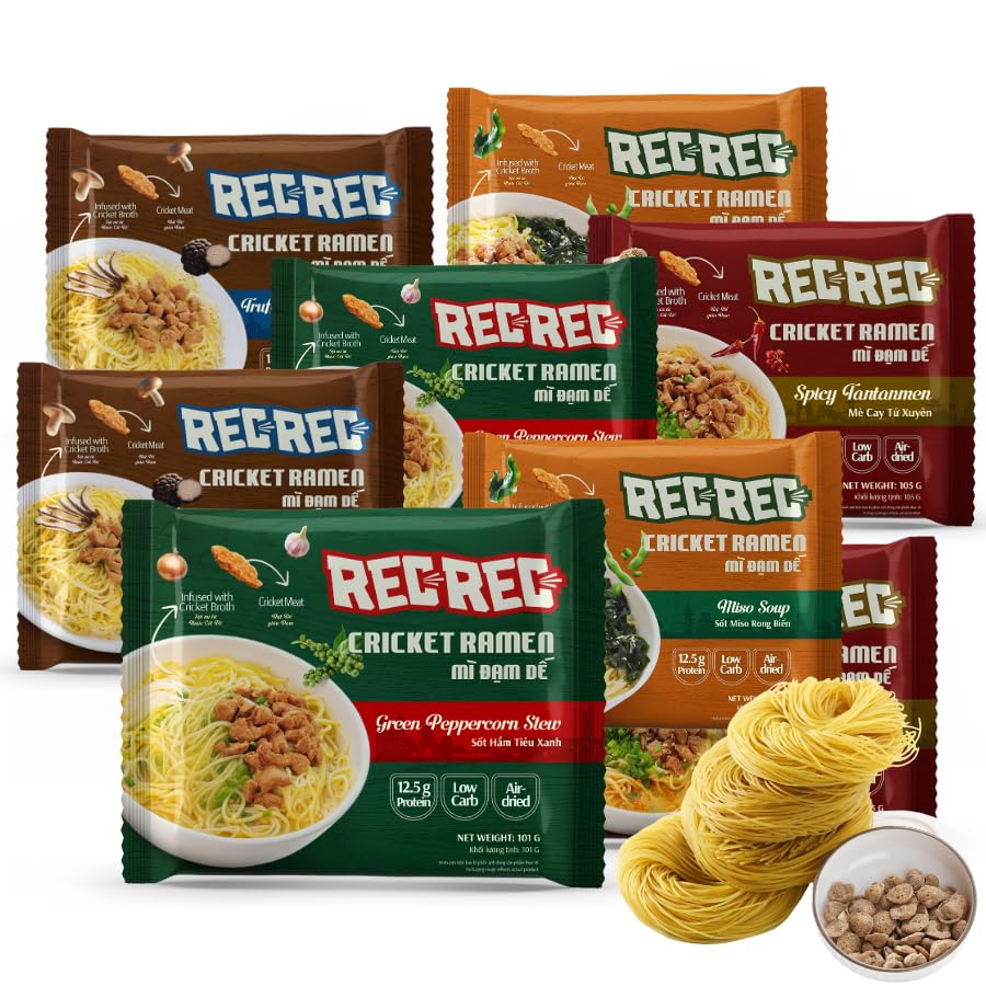 Rec Rec Protein Instant Ramen (3.56 oz Pack of 8) | Air-Dried Healthy Ramen Noodles with Cricket Protein 12.5g | Better Texture and Taste | Non-Fried, No Artificial Flavors Noodles | Variety 8-Pack: Truffle Cream, Green Peppercorn, Miso & Spicy Tantanmen
