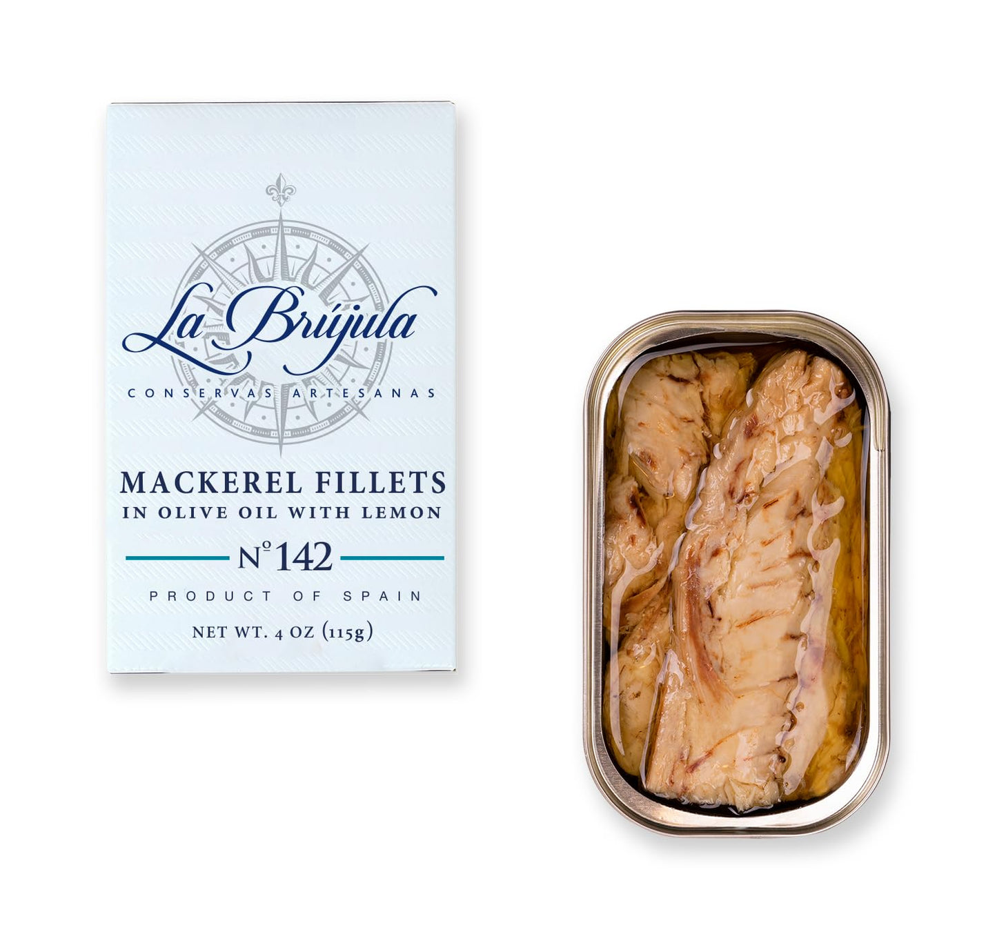 La Brújula No.142 Mackerel Fillets with Lemon in Olive Oil | 4 oz - 1 Pack | Hand-Packed Spanish Gourmet Canned Fish | Artisan Preserves | Caballa al Limón | Wild-Caught from Cantabrian Sea |